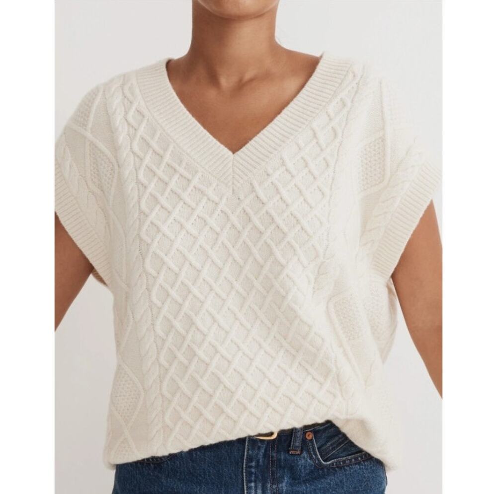 Madewell Anthropologie Wool Cotton Cream Cable Knit V-Neck Sweater Vest Large